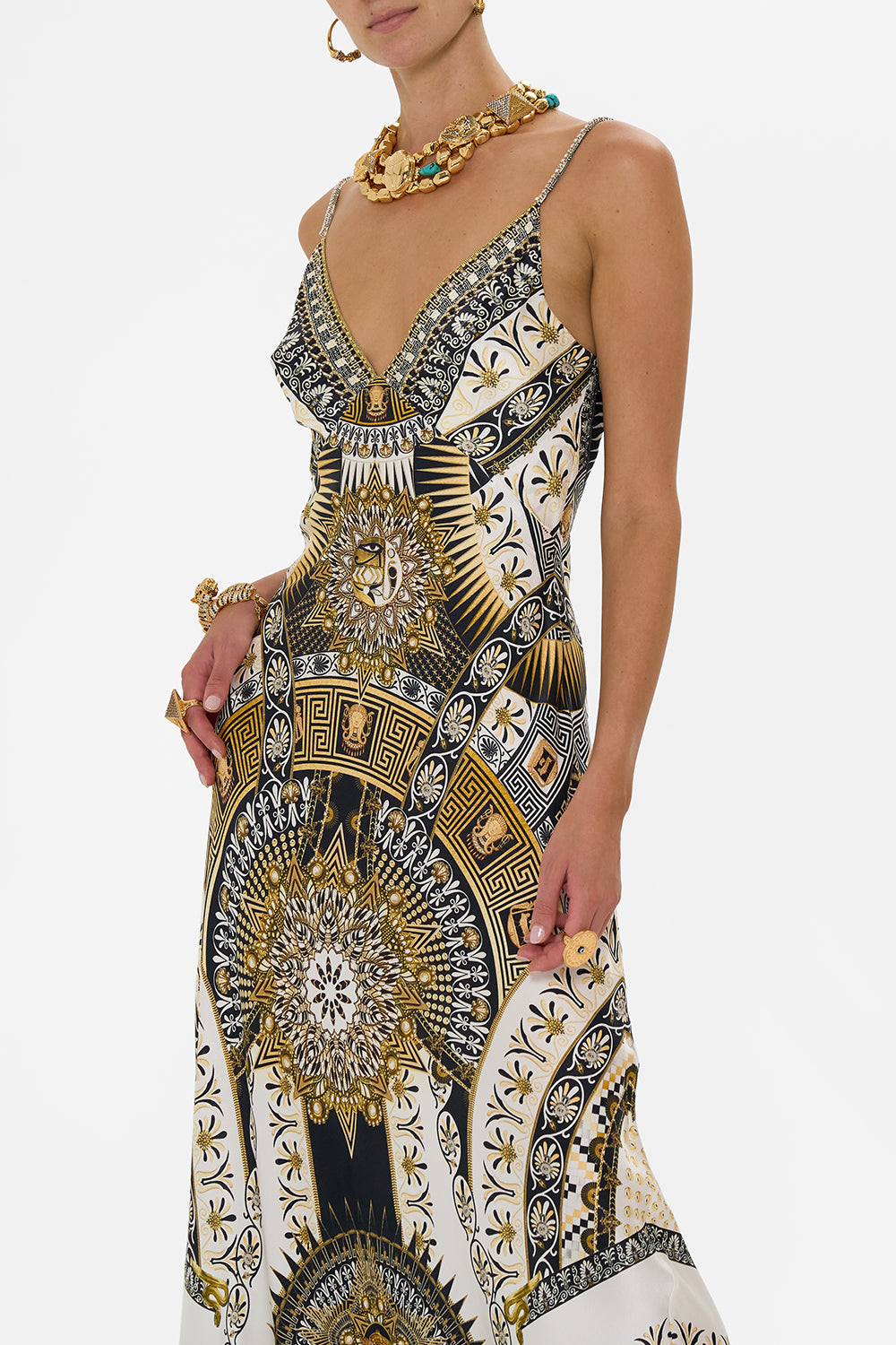 V NECK LONG BIAS SLIP DRESS WITH TRAIN TEMPLES OF DENDARA