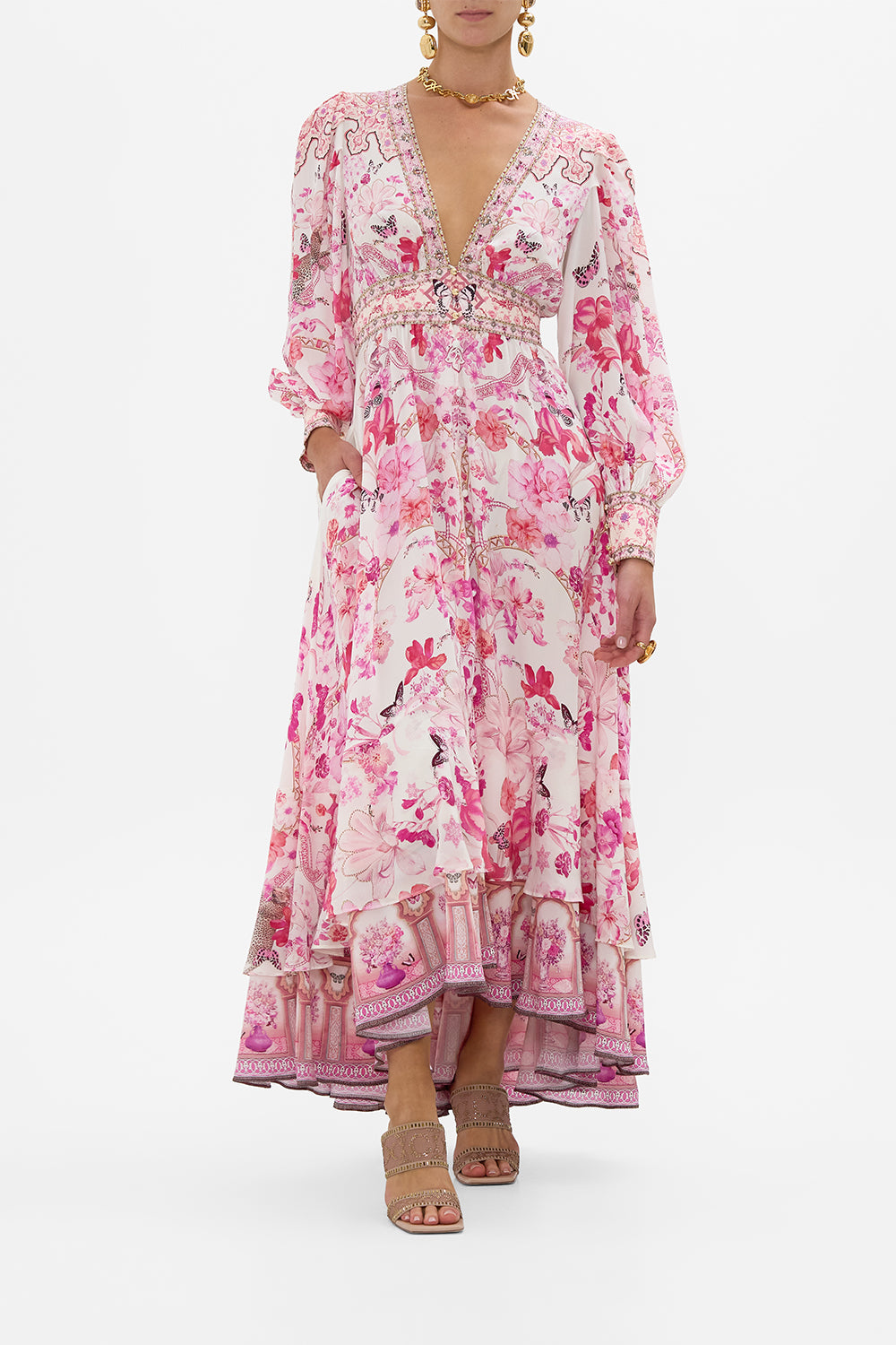 CAMILLA Long Button Front Dress in Botanical Novella print
