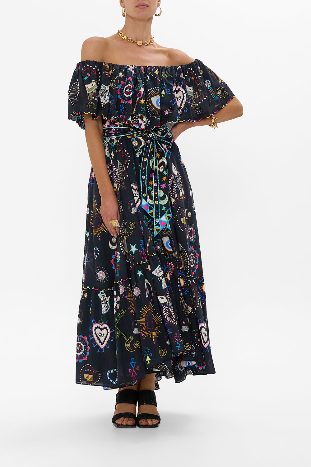 CAMILLA Shoulder Frill Dress in Nubian Nights print