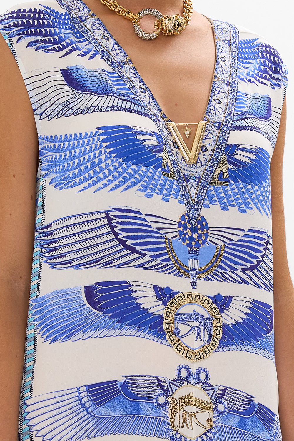 CAMILLA Sleeveless Drape Back Dress in Dancing With Daylight Print.