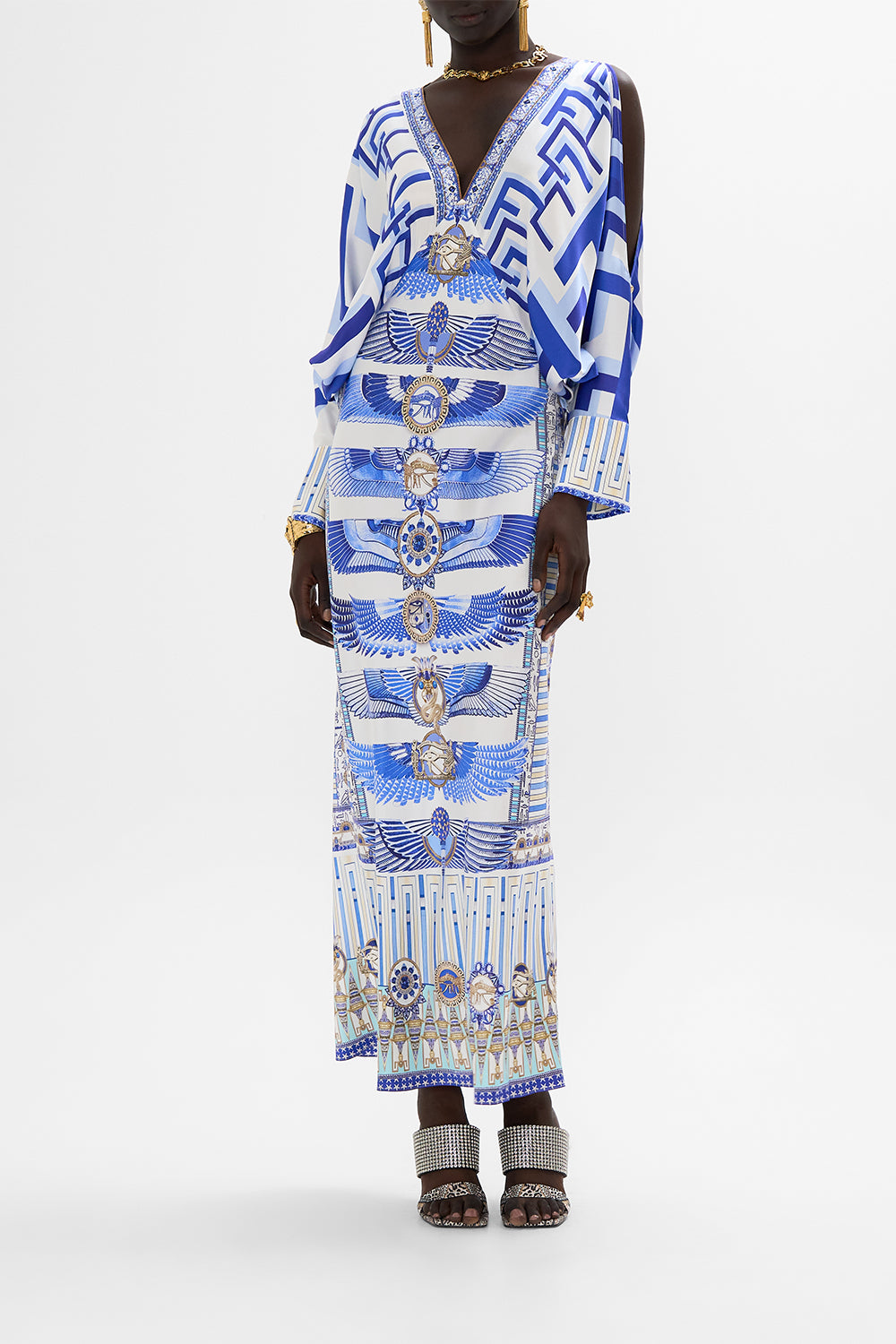 CAMILLA Plunge Neck Draped Shoulder Dress in Dancing With Daylight Print.