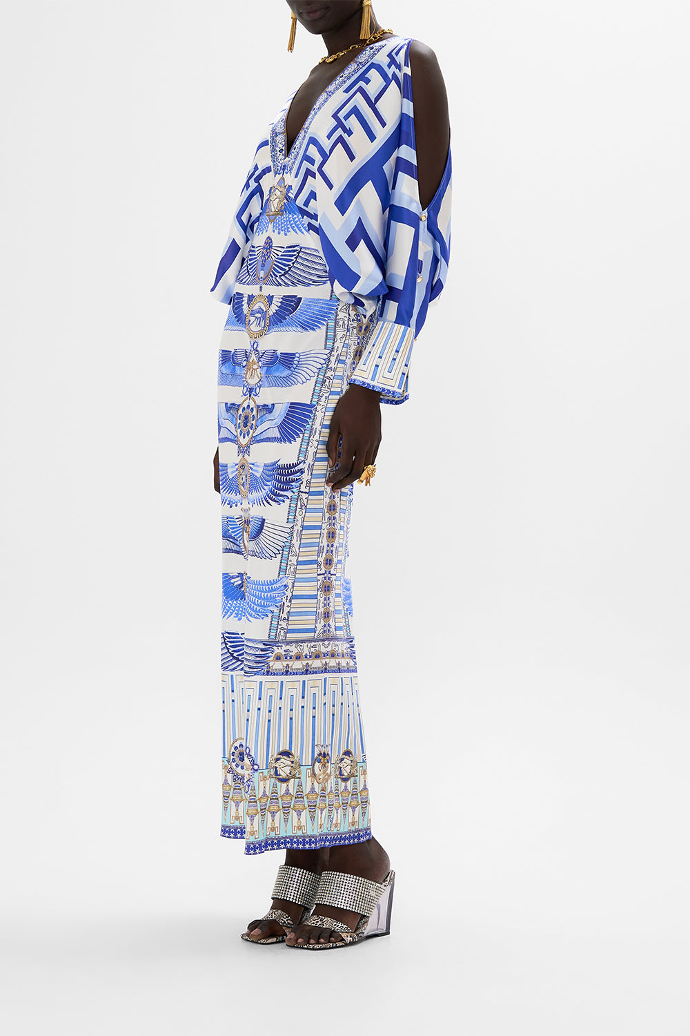 CAMILLA Plunge Neck Draped Shoulder Dress in Dancing With Daylight Print.