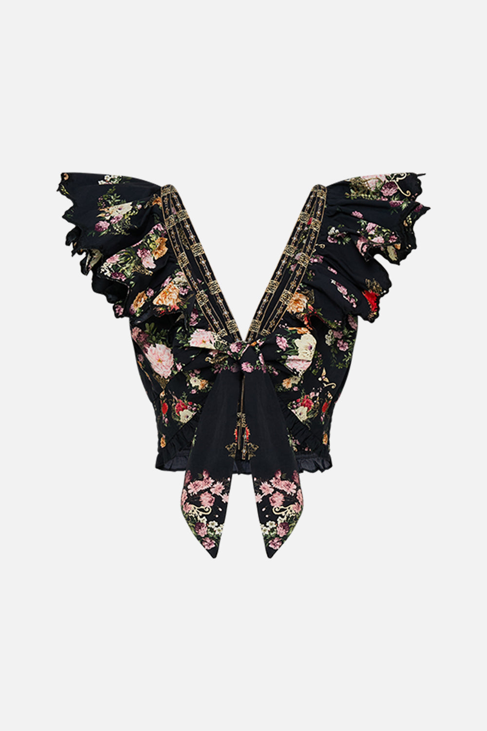CAMILLA Deep v frill short sleeve top in Adorned in Alexandria print.
