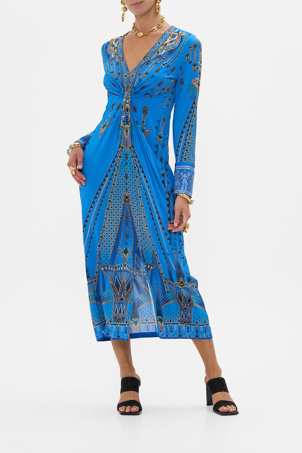 CAMILLA Long V Neck Twist Front Jersey Dress in Archival Revival print
