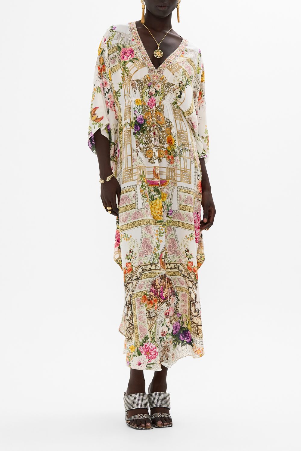CAMILLA Gathered waist kaftan in Egyptian rose print.