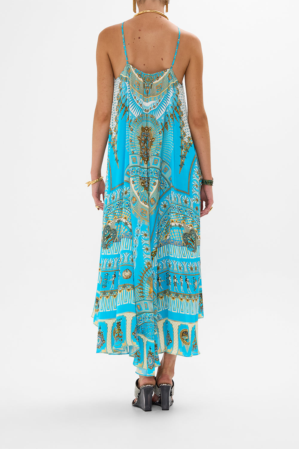 CAMILLA Gather Neck Hardware Maxi Dress in Temple of Light Print.