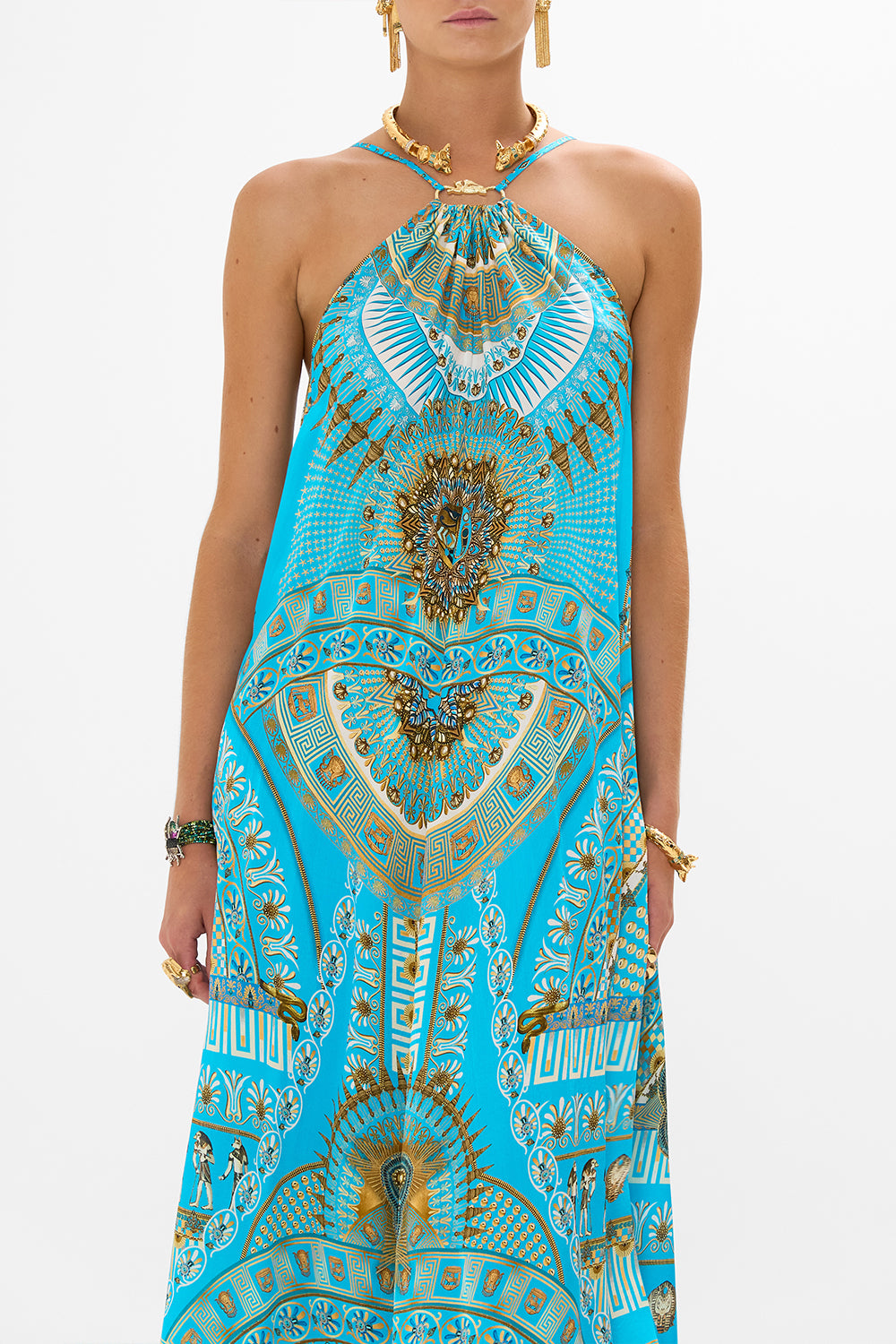 CAMILLA Gather Neck Hardware Maxi Dress in Temple of Light Print.