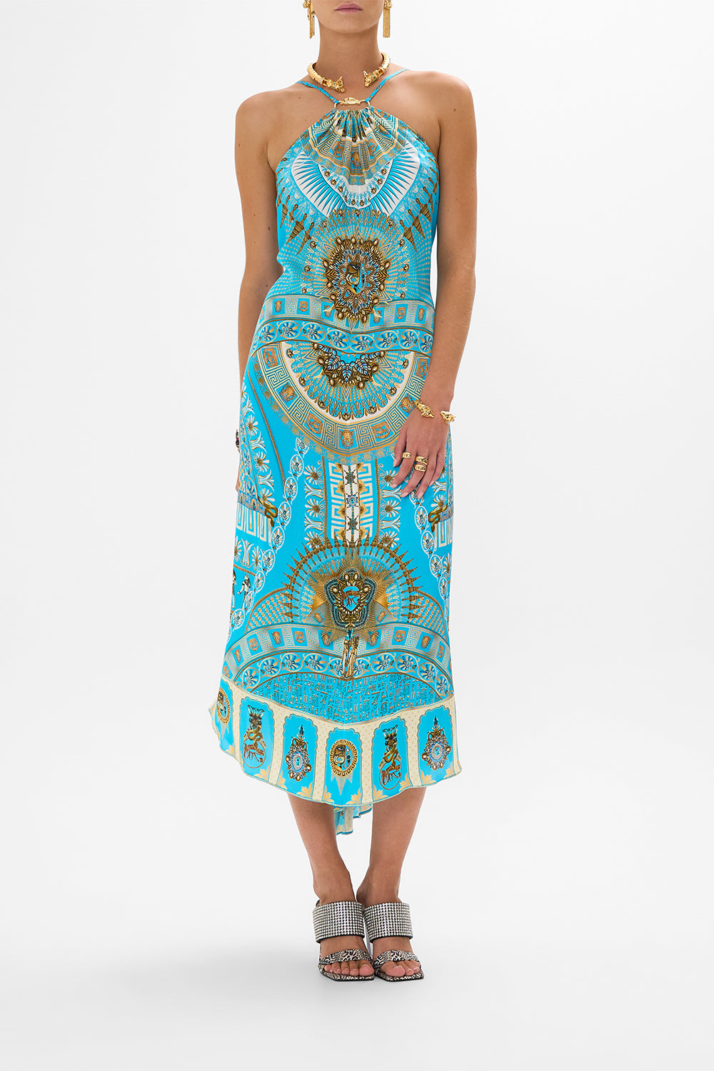 CAMILLA Gather Neck Hardware Maxi Dress in Temple of Light Print.