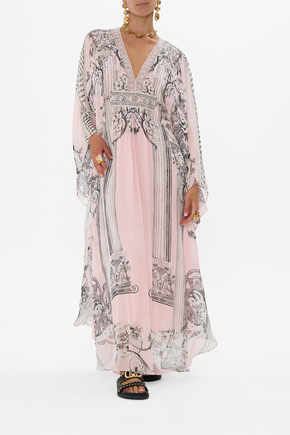 CAMILLA Long Kaftan With Waist Detail in Cave Of Wonders print