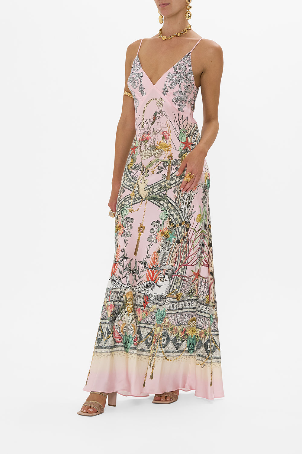 V NECK FULL LENGTH BIAS SLIP DRESS CAVE OF WONDERS