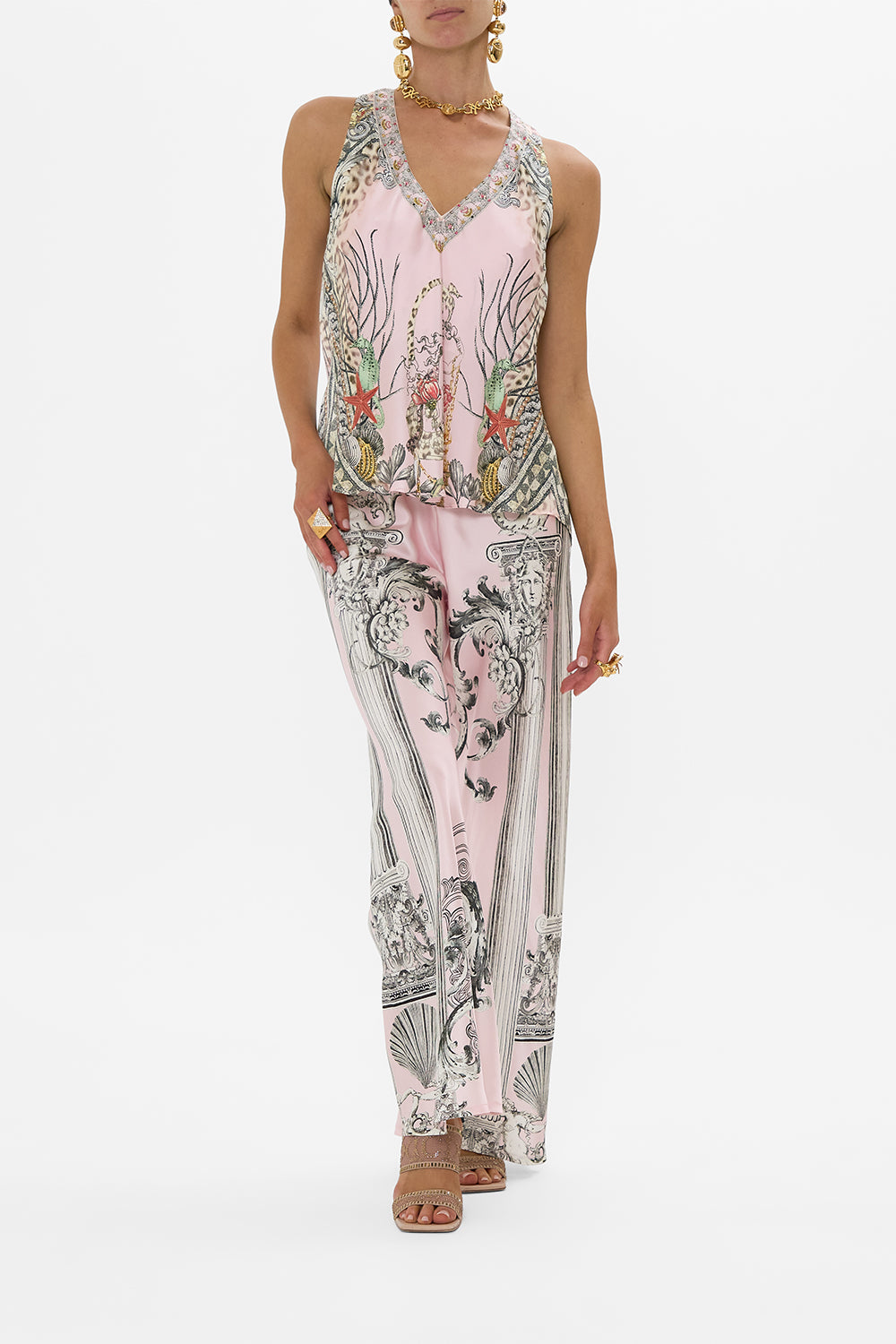 CAMILLA V Neck Top With Knot Back in Cave Of Wonders print