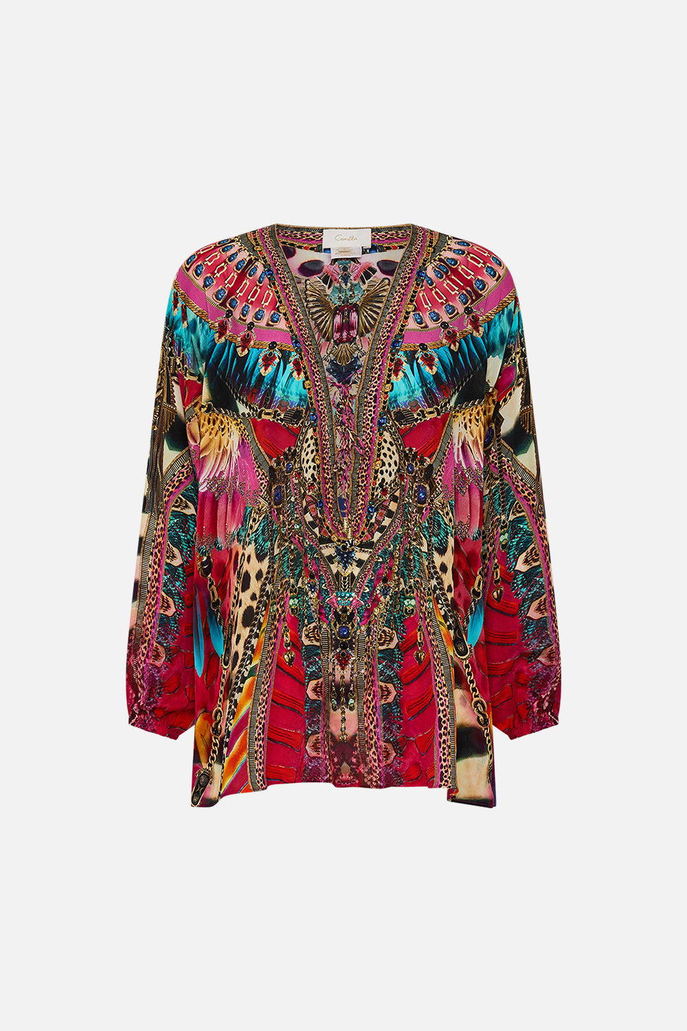 CAMILLA Lace Up Blouse in Sahara Supernatural print.