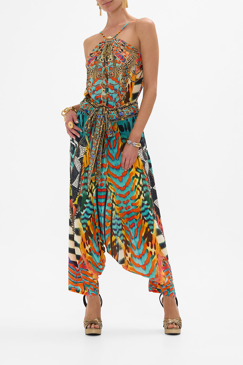 CAMILLA Gather Neck Hardware Top in Desert Visions print.