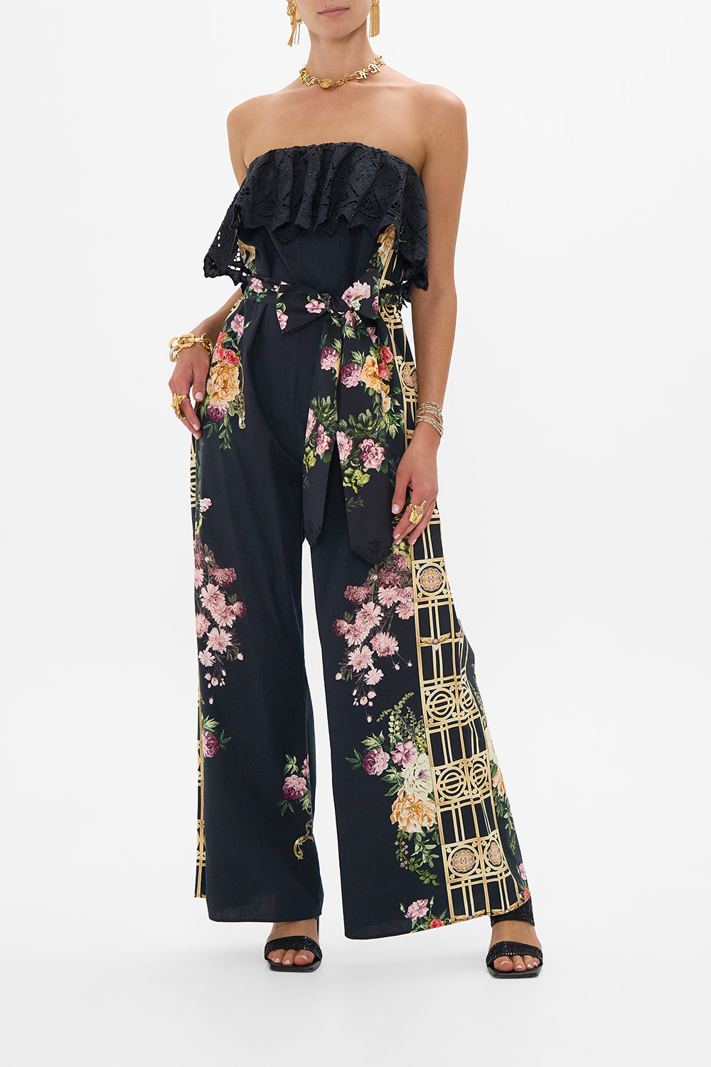 CAMILLA Strapless Jumpsuit With Frill in Adorned In Alexandria print