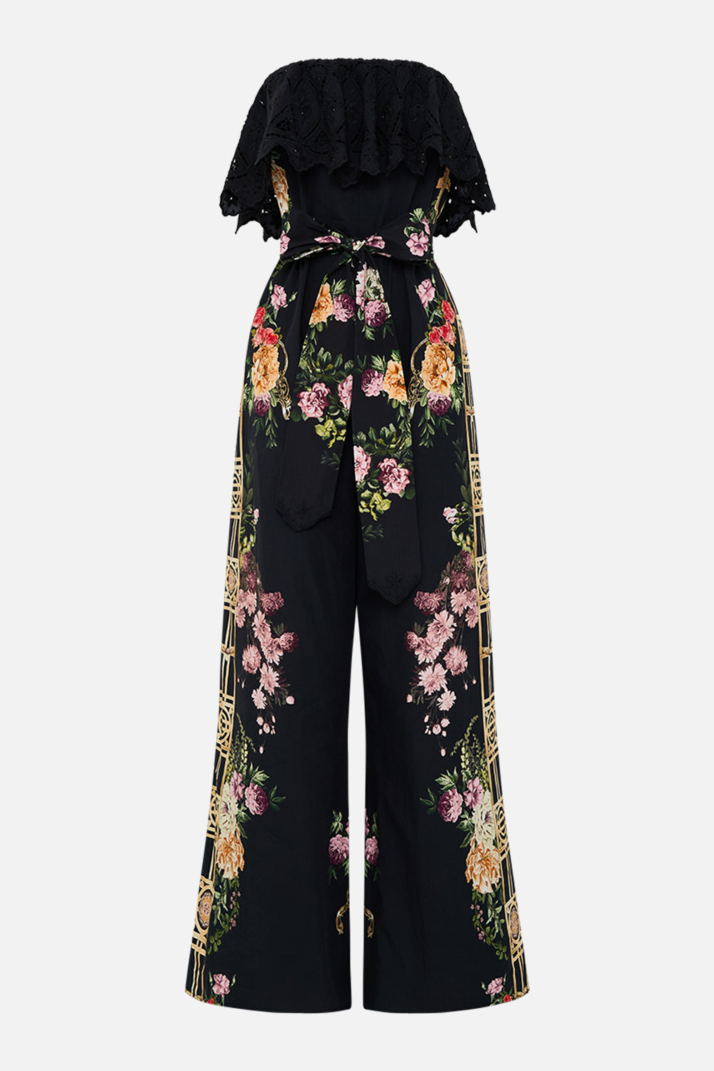 CAMILLA Strapless jumpsuit with frill in Adorned in Alexandria print.