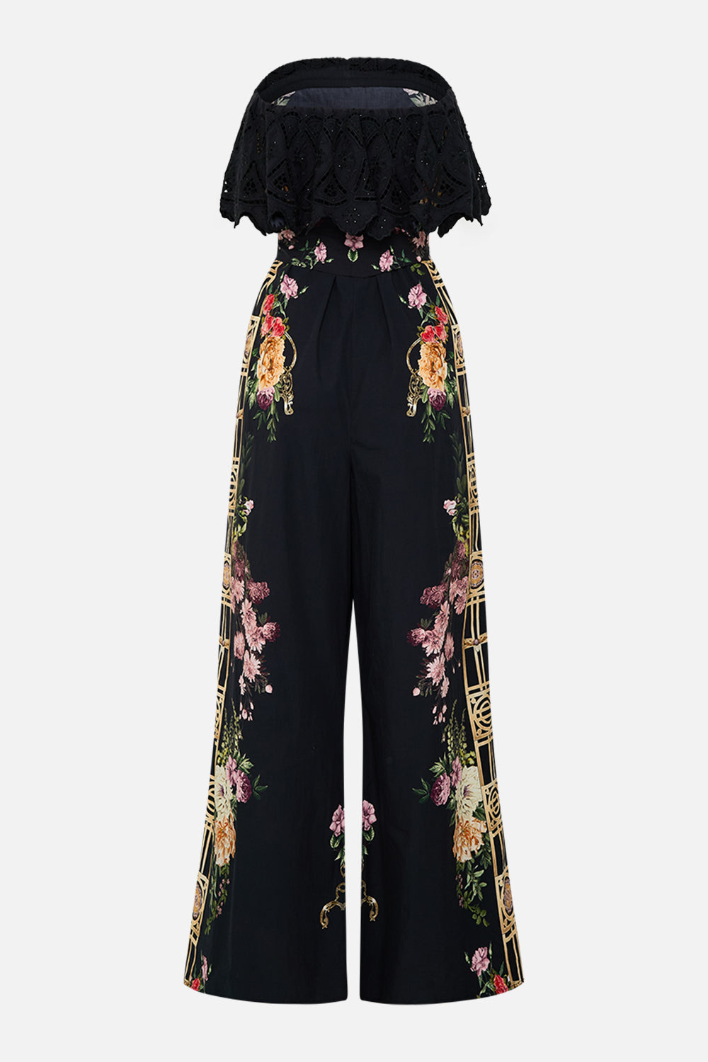 CAMILLA Strapless jumpsuit with frill in Adorned in Alexandria print.