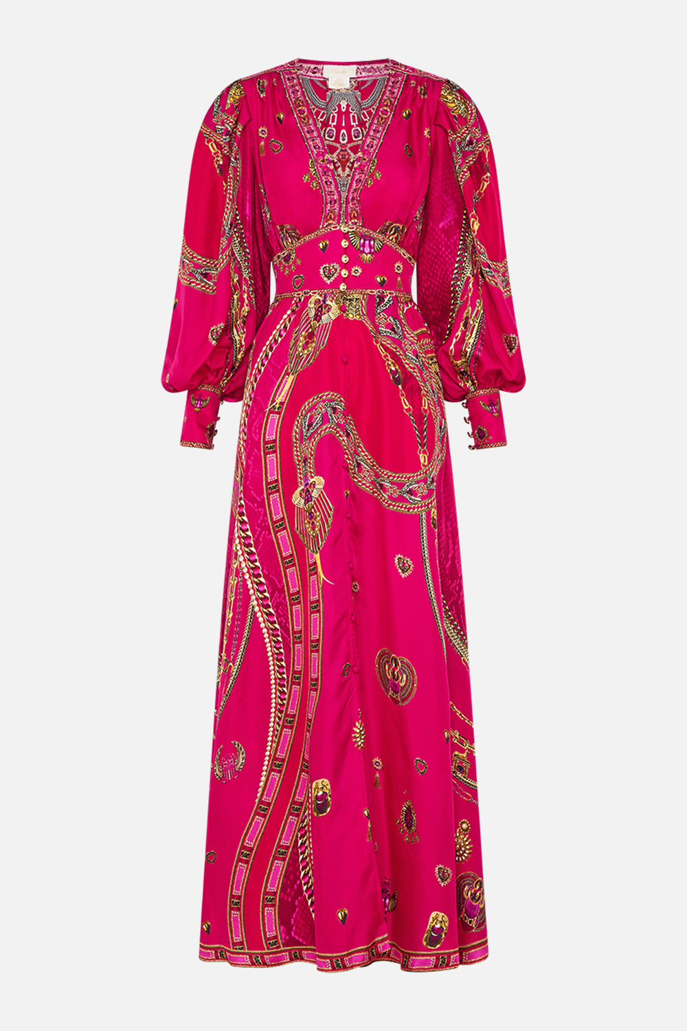 SHAPED WAISTBAND DRESS WITH GATHERED SLEEVES KISSED BY A COBRA