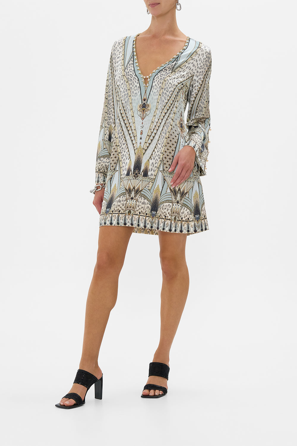 LONG SLEEVE DEEP V SHORT DRESS SAHARA STARLET