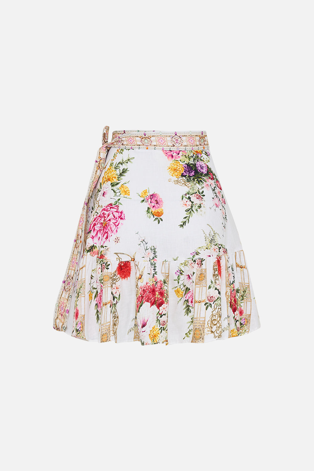 CAMILLA Ruffle hem wrap skirt in Egyptian rose print.