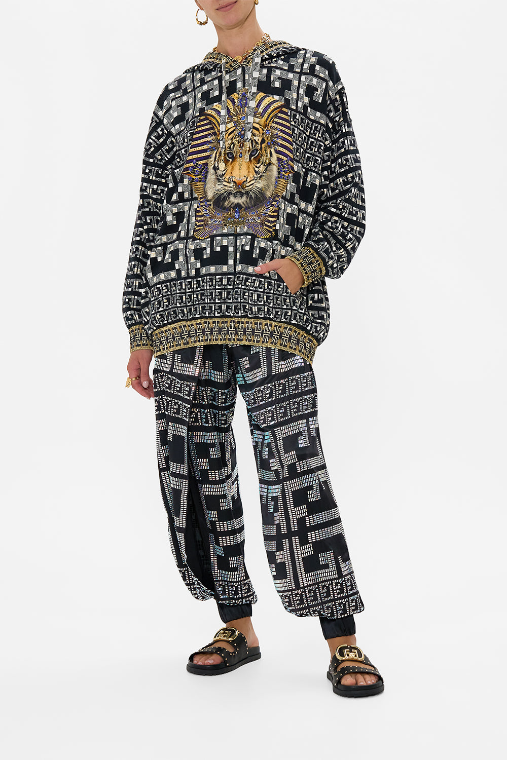 CAMILLA Silk Hem Band Boyfriend Hoodie in Read My Glyphs print