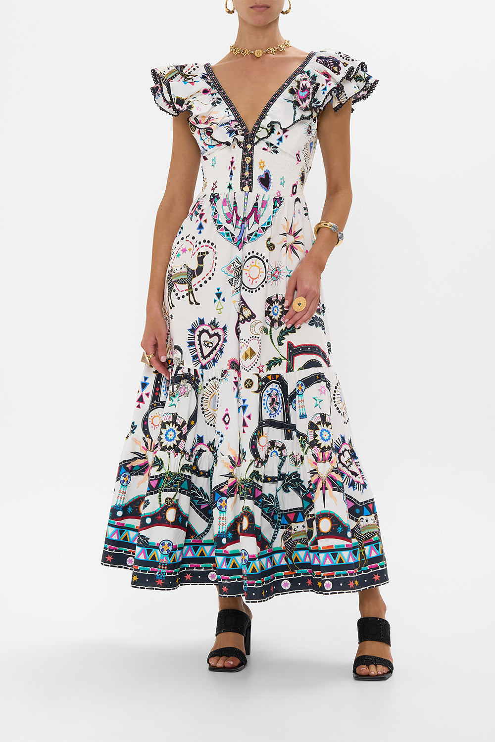 CAMILLA Tiered Dress With Neck Frill in Nubian Wonderland print