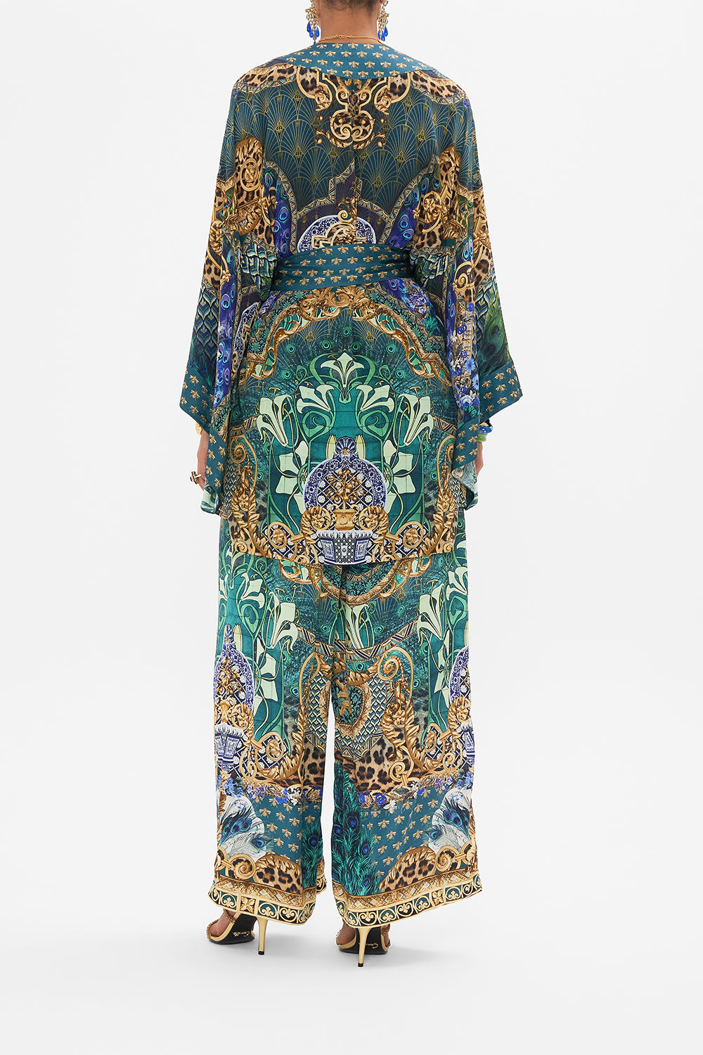 Back view of model wearing CAMILLA silk Kimono in Fan Dance print