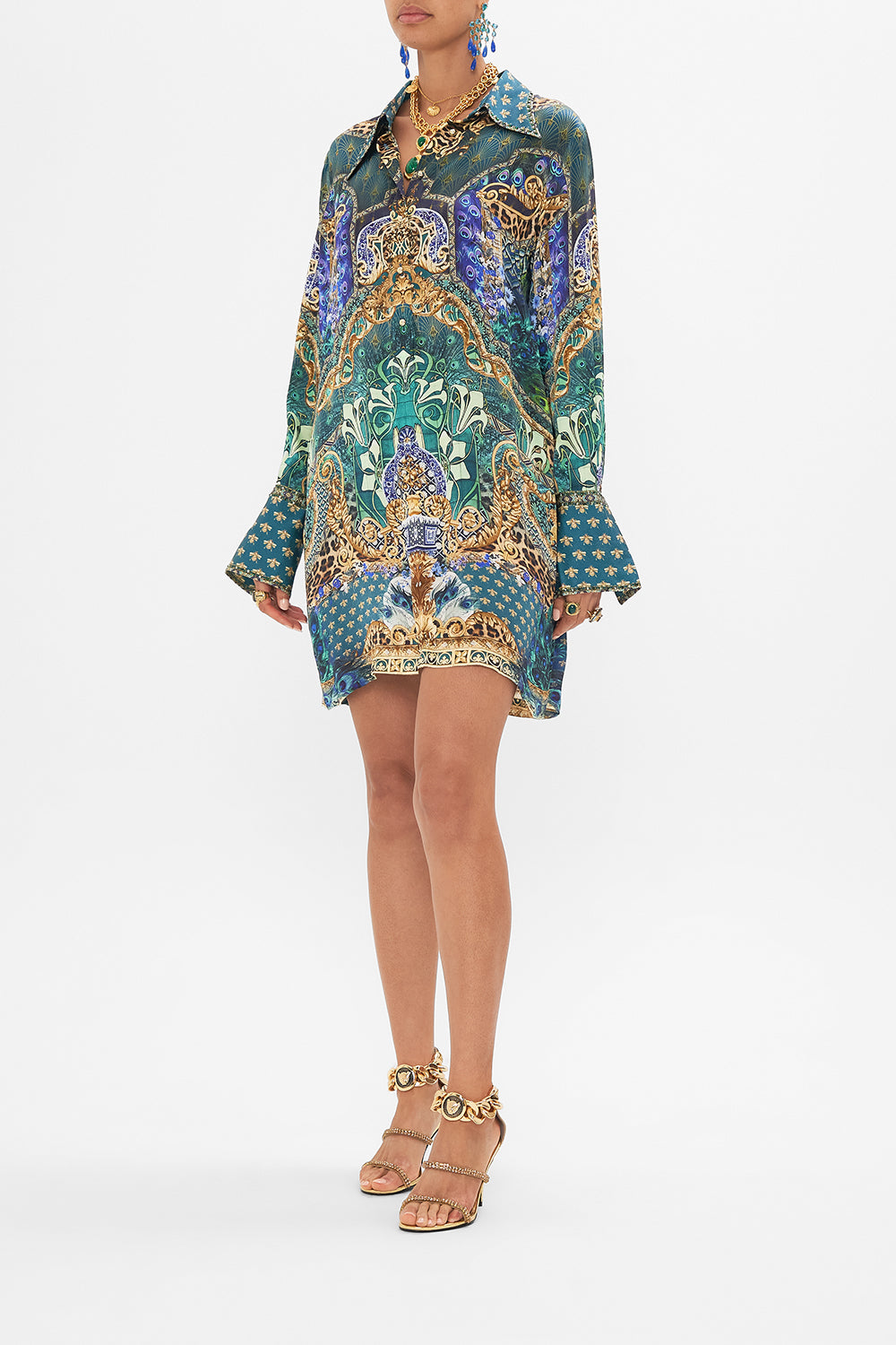 Side view of model wearing CAMILLA silk mini shirt dress in Fan Dance print