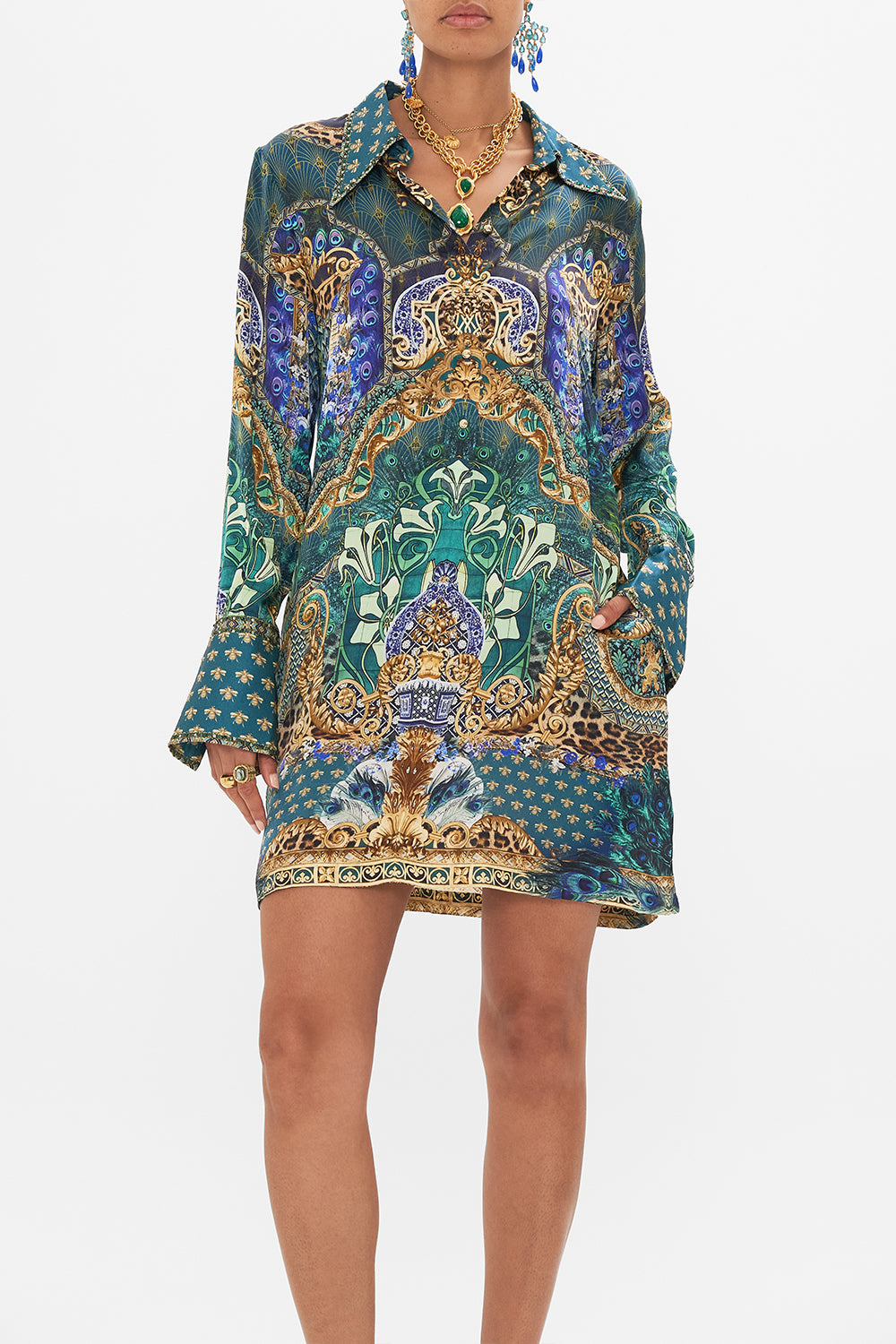 Crop view of model wearing CAMILLA silk mini shirt dress in Fan Dance print