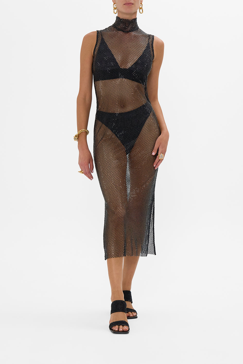 CAMILLA Sleeveless Turtle Neck Crystal Mesh Dress in Mark Of Medusa print