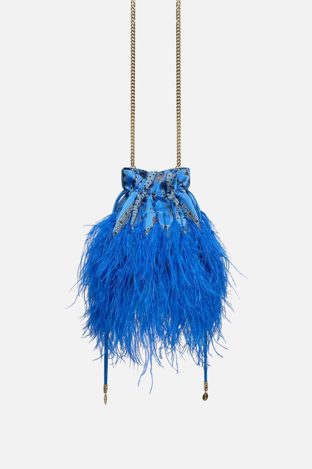CAMILLA Round Drawstring Pouch With Feathers in Archival Revival print
