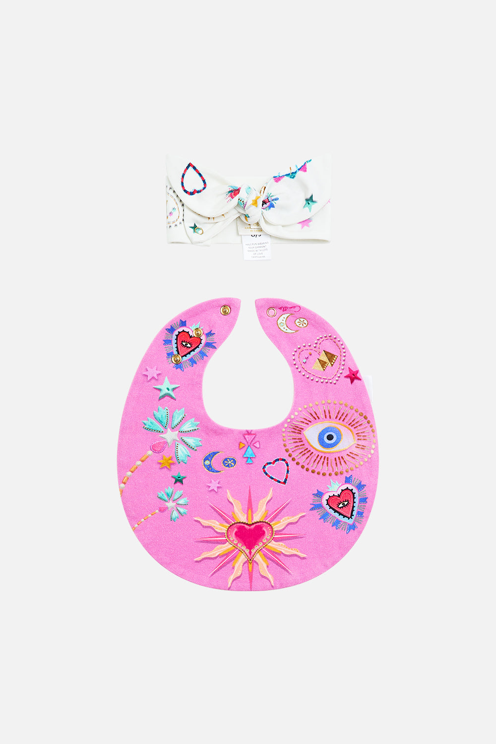 CAMILLA Babies Oversized Bib And Headband Set in Rainbow Roads print