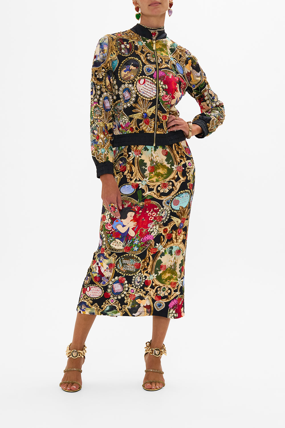 Disney CAMILLA silk bomber jacket in Happily Ever After print