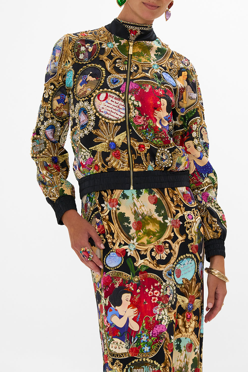 Disney CAMILLA silk bomber jacket in Happily Ever After print