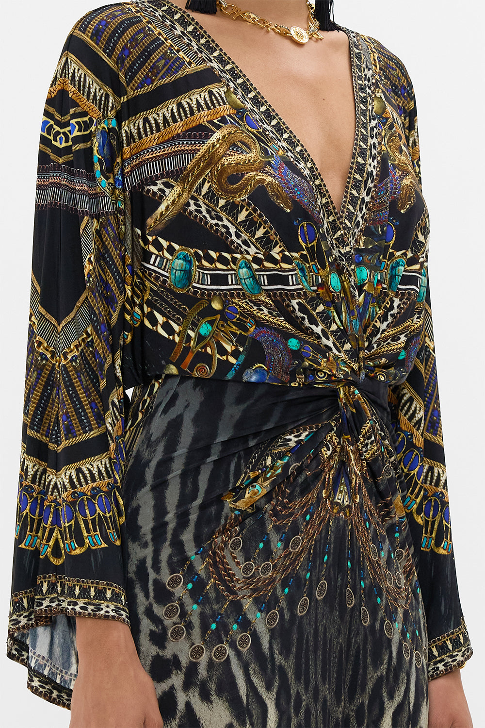 CAMILLA long split front twist dress in Cat Worship print.