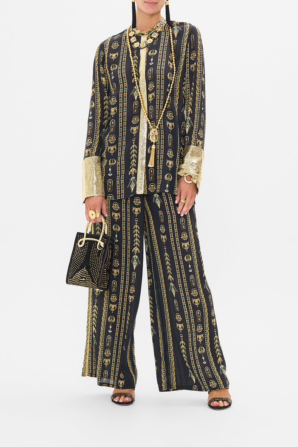 CAMILLA Black/Gold Shirt with Glomesh Placket and Cuffs in They Called Her Nefertari print