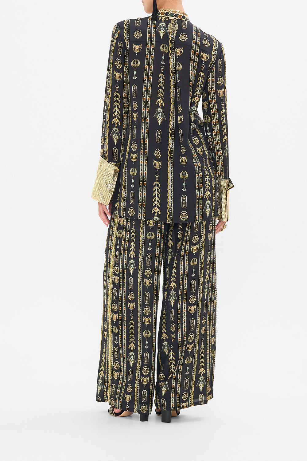 CAMILLA Black/Gold Shirt with Glomesh Placket and Cuffs in They Called Her Nefertari print
