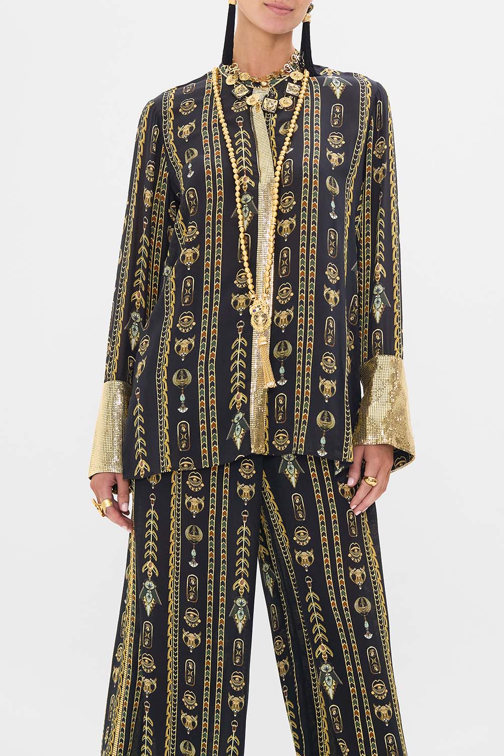 CAMILLA Black/Gold Shirt with Glomesh Placket and Cuffs in They Called Her Nefertari print