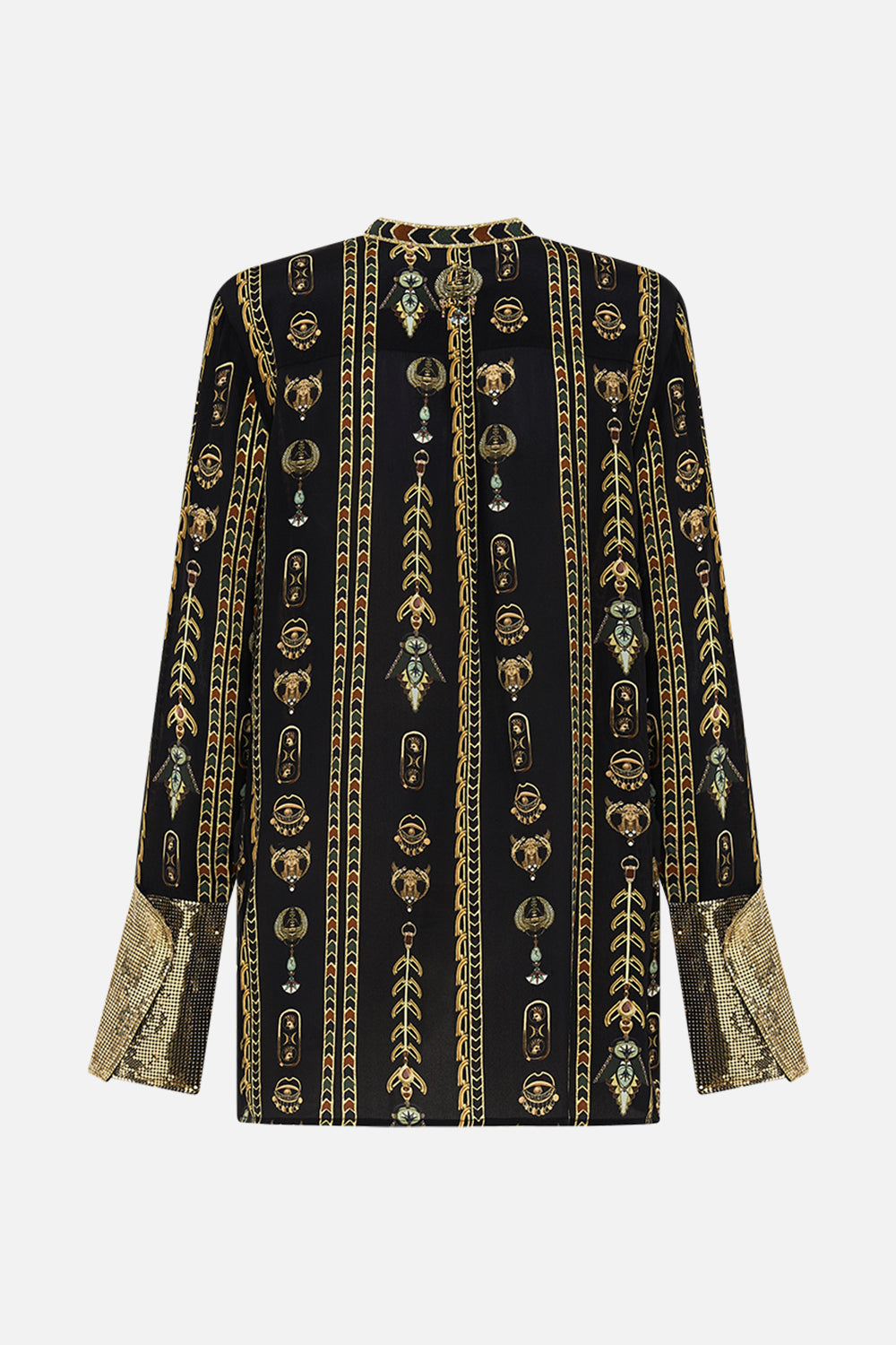 CAMILLA Black/Gold Shirt with Glomesh Placket and Cuffs in They Called Her Nefertari print