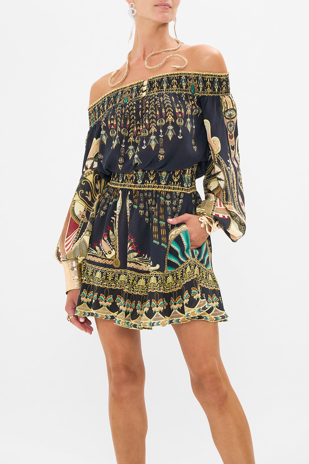CAMILLA Black/Gold Off Shoulder Short Dress in They Called Her Nefertari print