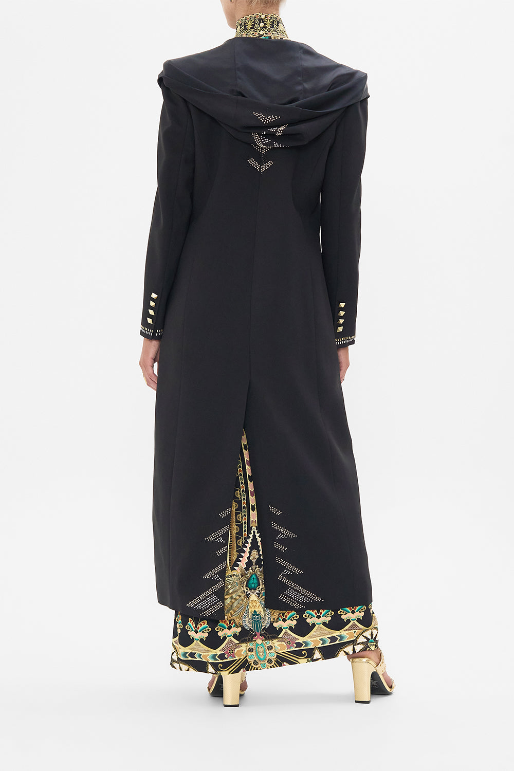 CAMILLA Black/Gold Long Coat with Hood in They Called Her Nefertari print