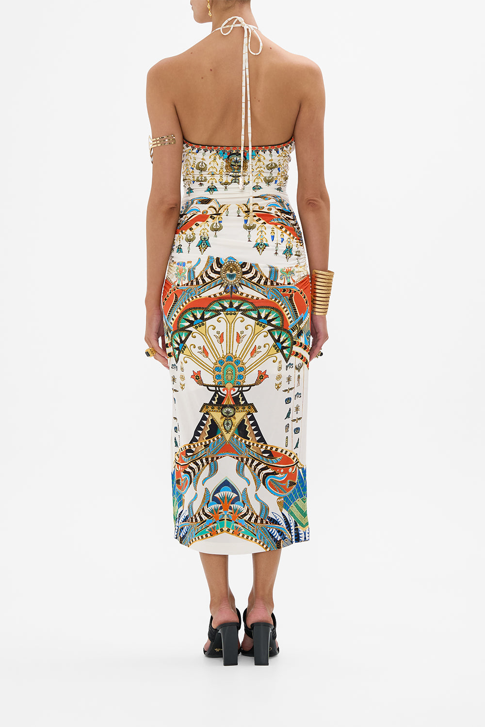 CAMILLA Cut Out Sleeveless Jersey Halter Neck Dress in Valley of the Queens print