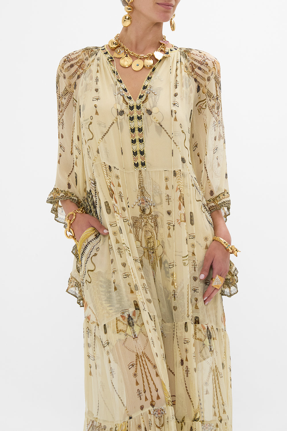 CAMILLA Gold Wide Sleeve Gathered Dress in Gateway to the Afterlife Print