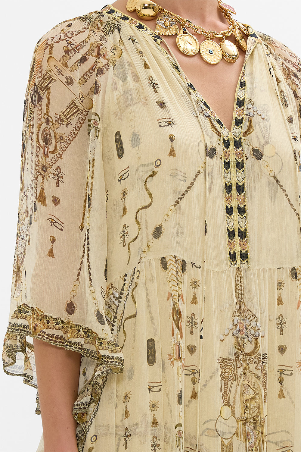 CAMILLA Gold Wide Sleeve Gathered Dress in Gateway to the Afterlife Print