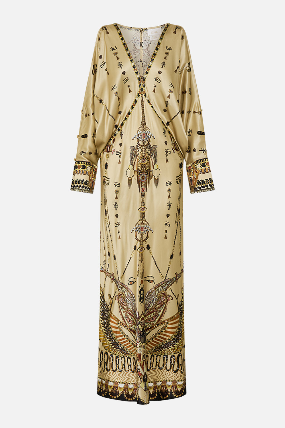 CAMILLA Gold Plunge Neck Draped Shoulder Dress in Gateway to the Afterlife Print