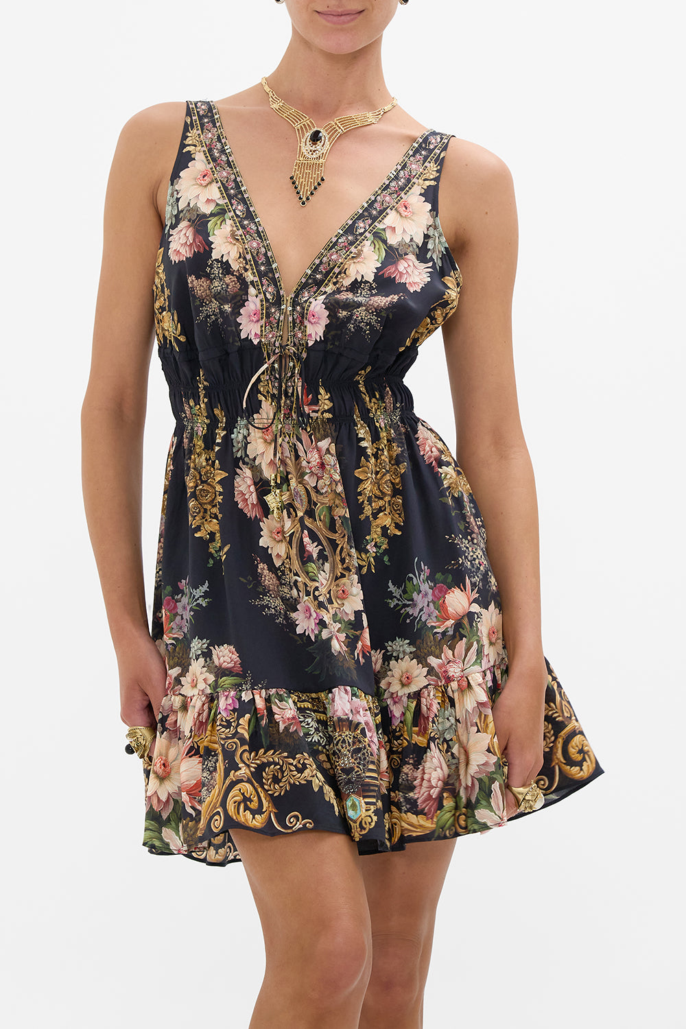 CAMILLA shirred waist detail mini dress in Dyasty Daze print.