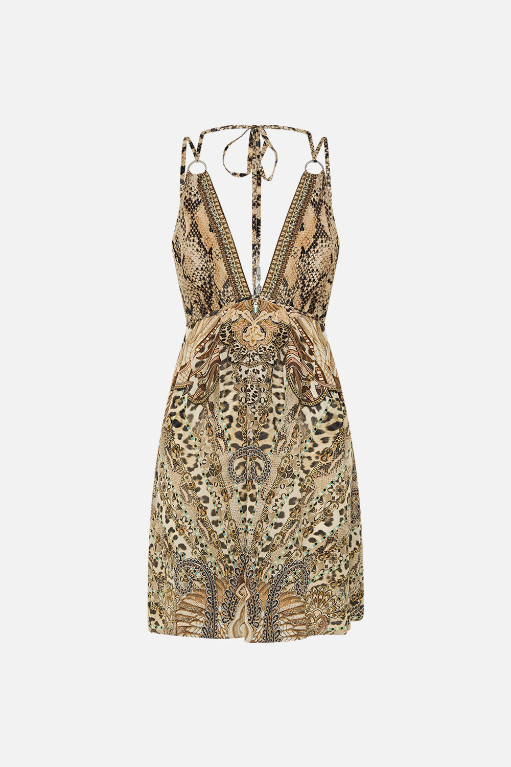 CAMILLA Short Flared Dress with Hardware in The Throne Room print