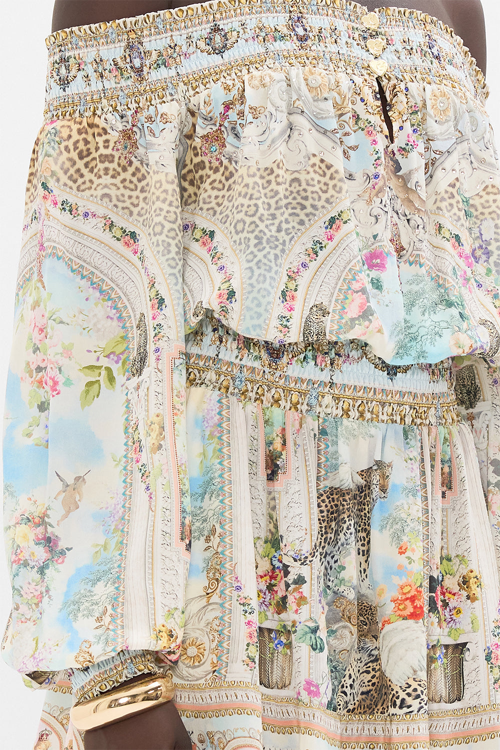 CAMILA Floral Off Shoulder Short Dress in We Always Have Alexandria Print.