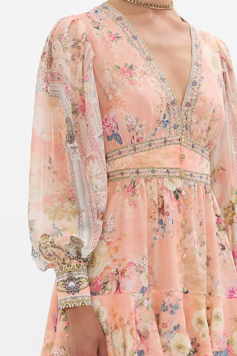 CAMILLA Floral Button Front Frill Dress in The Jewellery Palace Print.