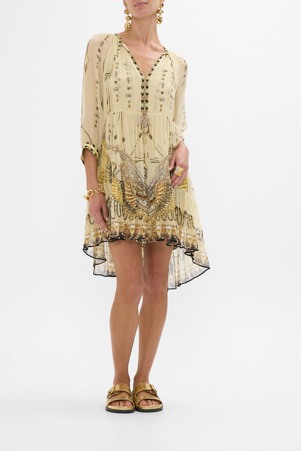 CAMILLA Gold Short Gathered Panel Dress in Gateway to the Afterlife Print