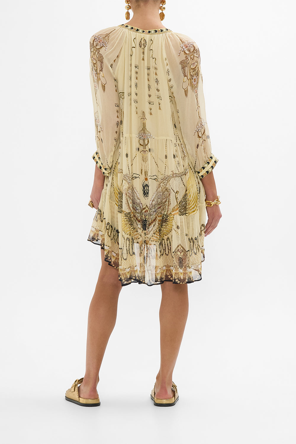 CAMILLA Gold Short Gathered Panel Dress in Gateway to the Afterlife Print